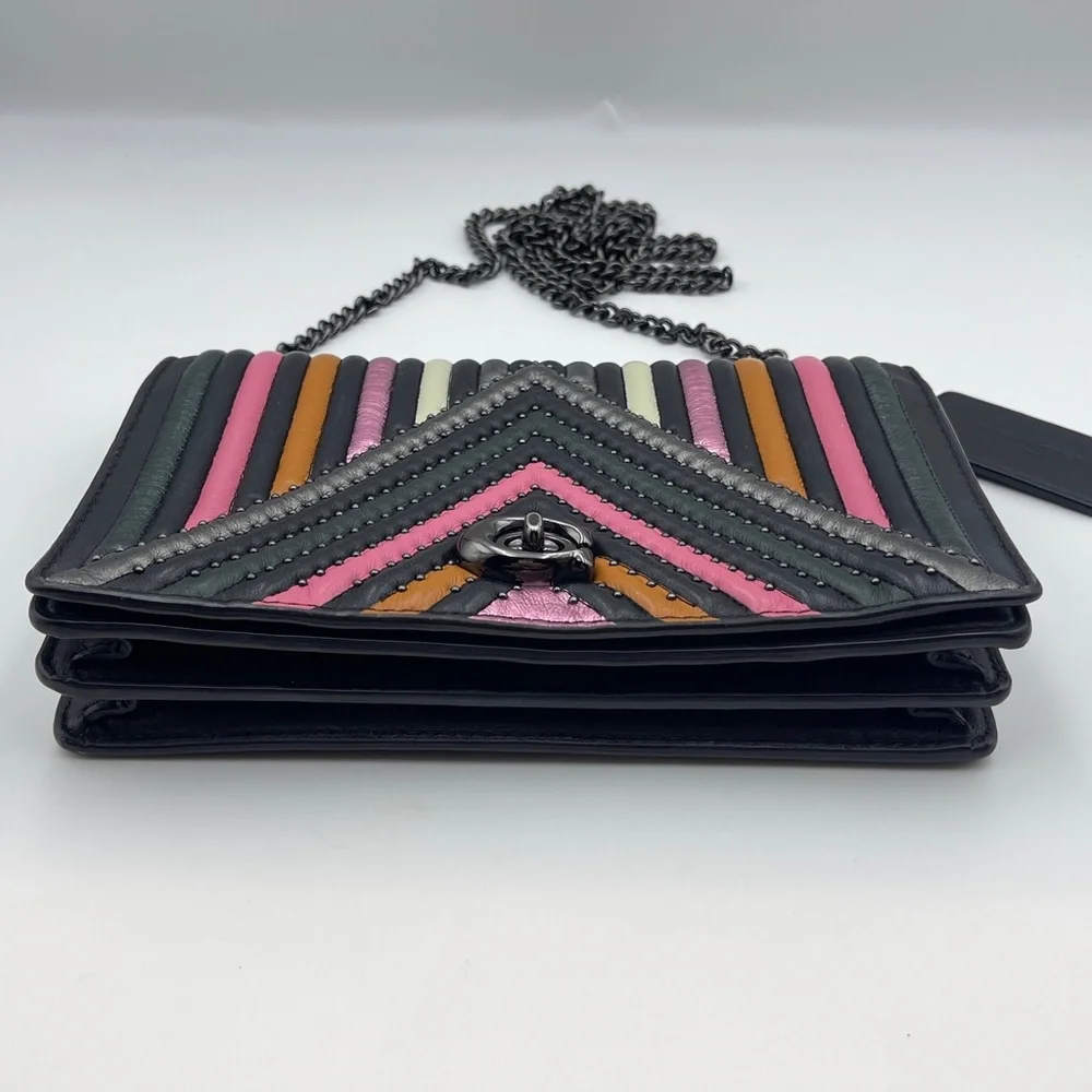 Coach foldover chain Clutch leather colorblock quilting rivets crossbody bag - Picture 4 of 15